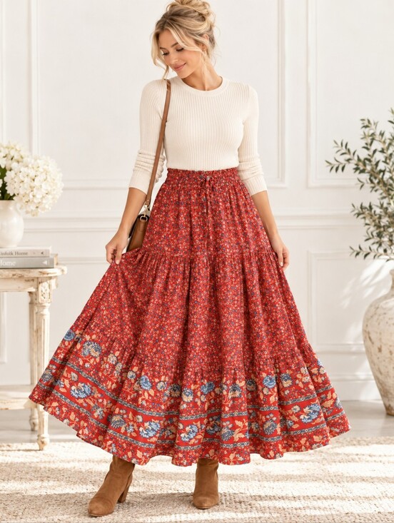 Zesica Dresses & Skirts - ZESICA NWT Red Floral Border Print Tiered Boho Maxi Skirt | Size XL